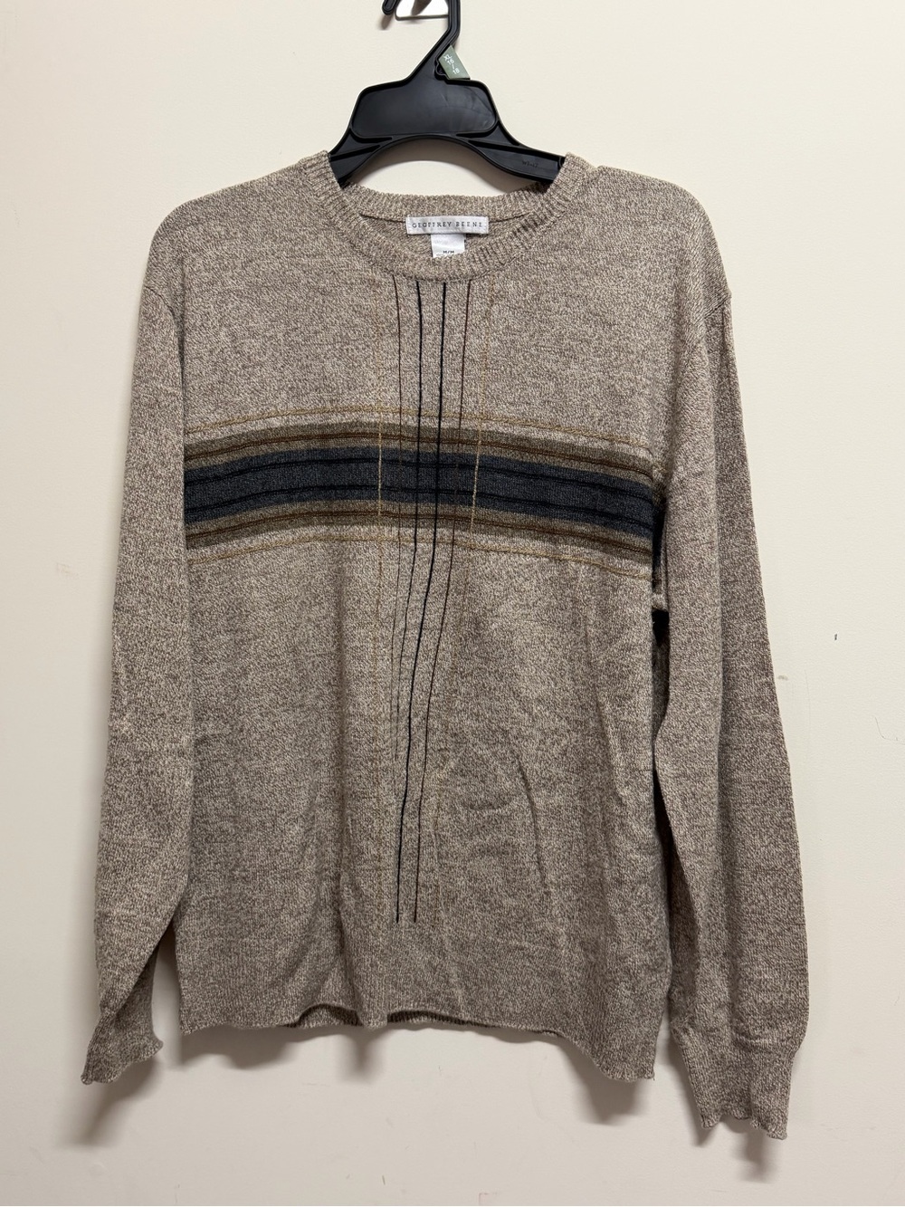 Men's Beige Crewneck Sweater with Stripe Detail